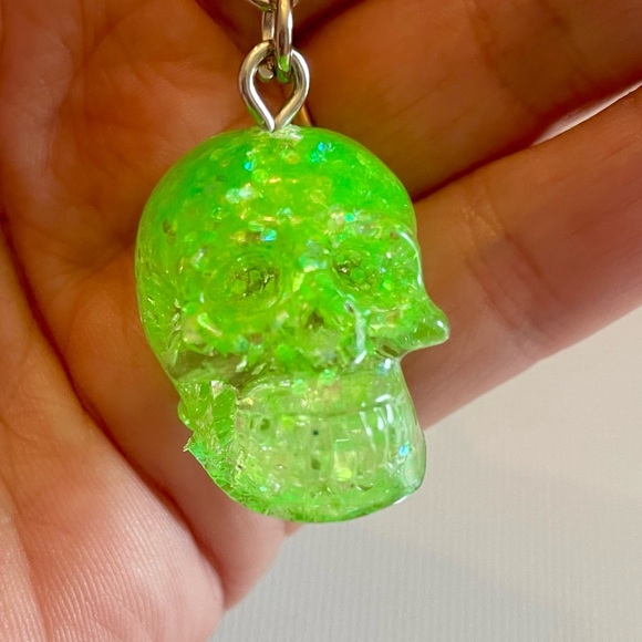 Hand Crafted Accessories - Handmade Resin Neon Green Glitter Skull Keychain